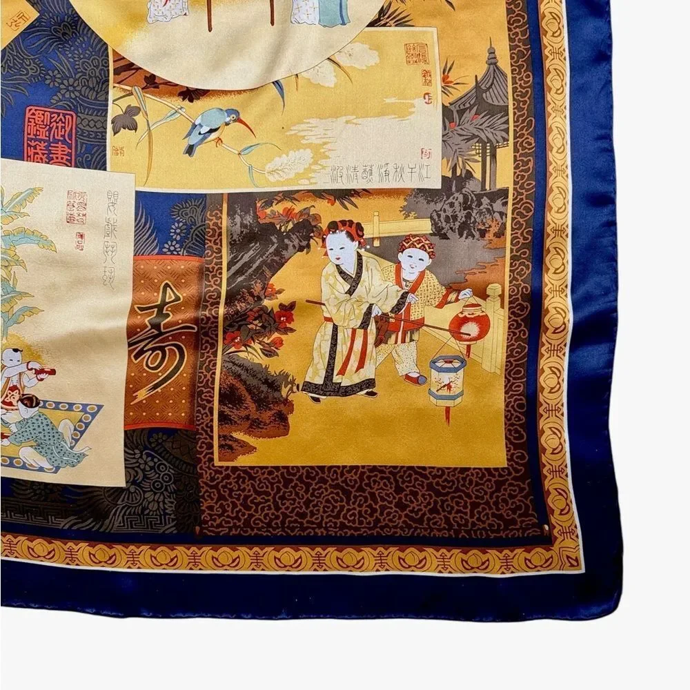 Chinese Mulberry Silk Scarf Blue Gold Calligraphy Children Scenes Nianhua Art